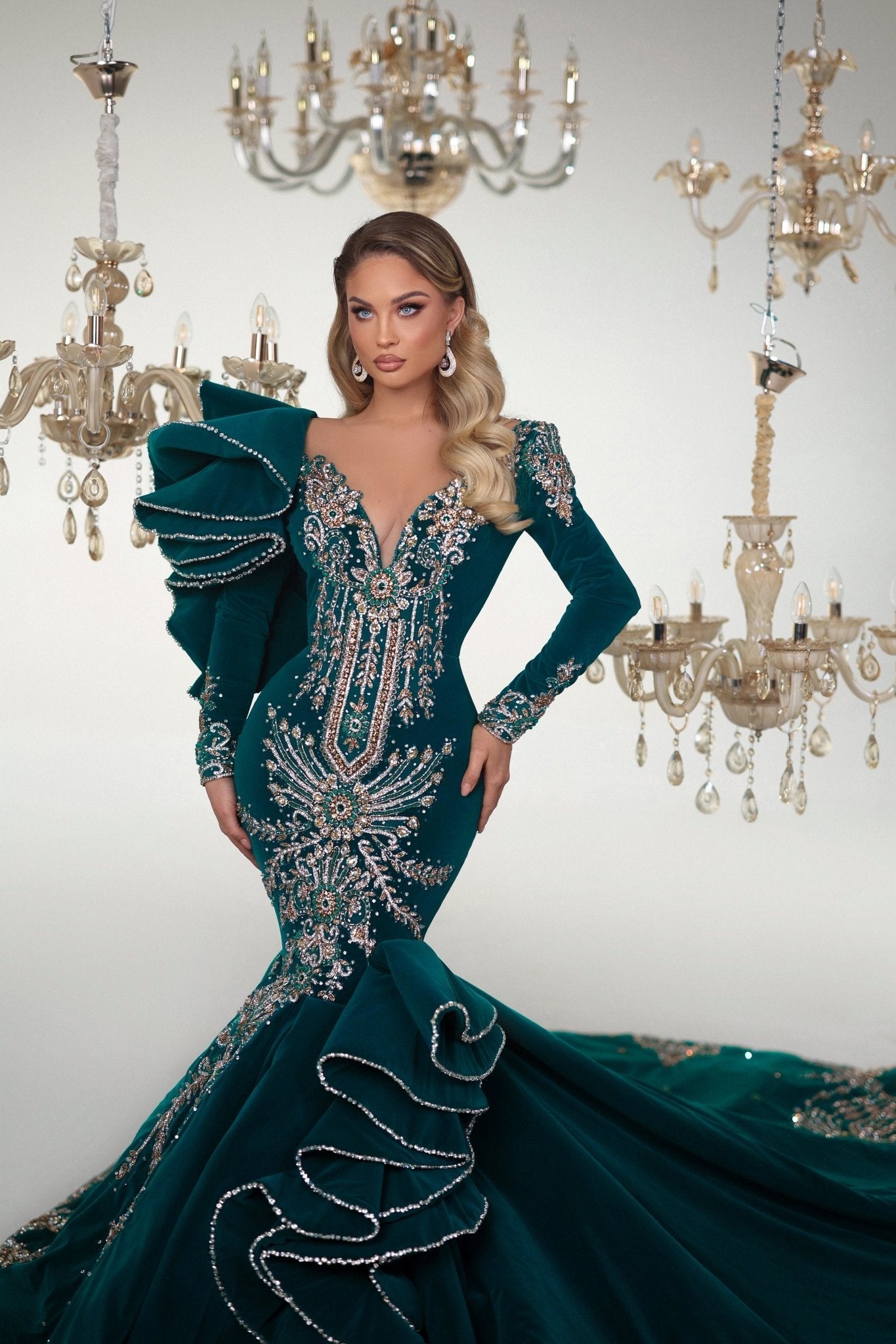 Magnificent Green Dress with Gemstone Details - BLINI