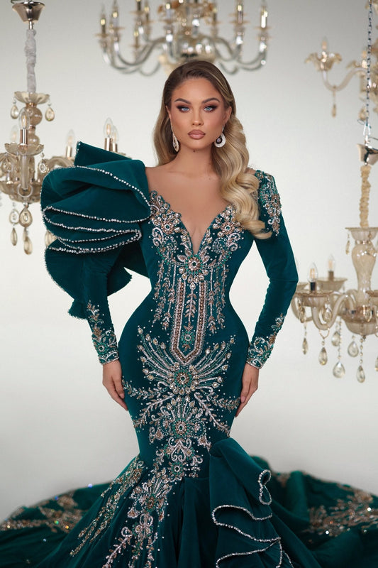 Magnificent Green Dress with Gemstone Details - BLINI