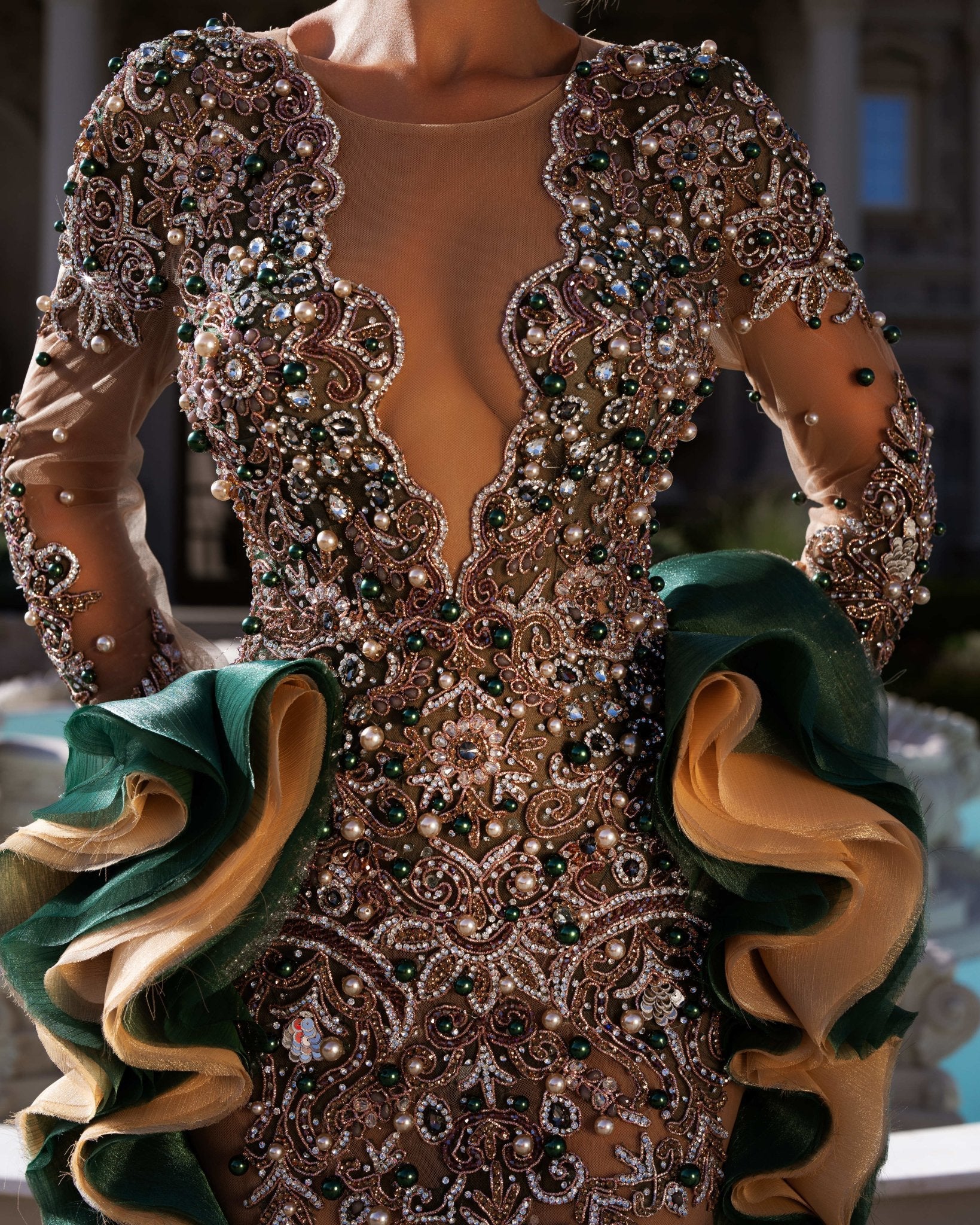 Mai V Neck Dress Embellished with Stones and Beads - BLINI