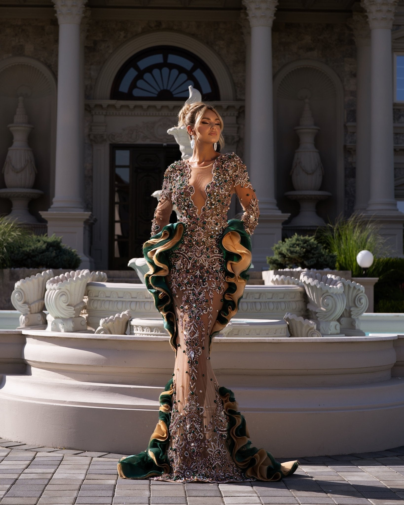 Mai V Neck Dress Embellished with Stones and Beads - BLINI