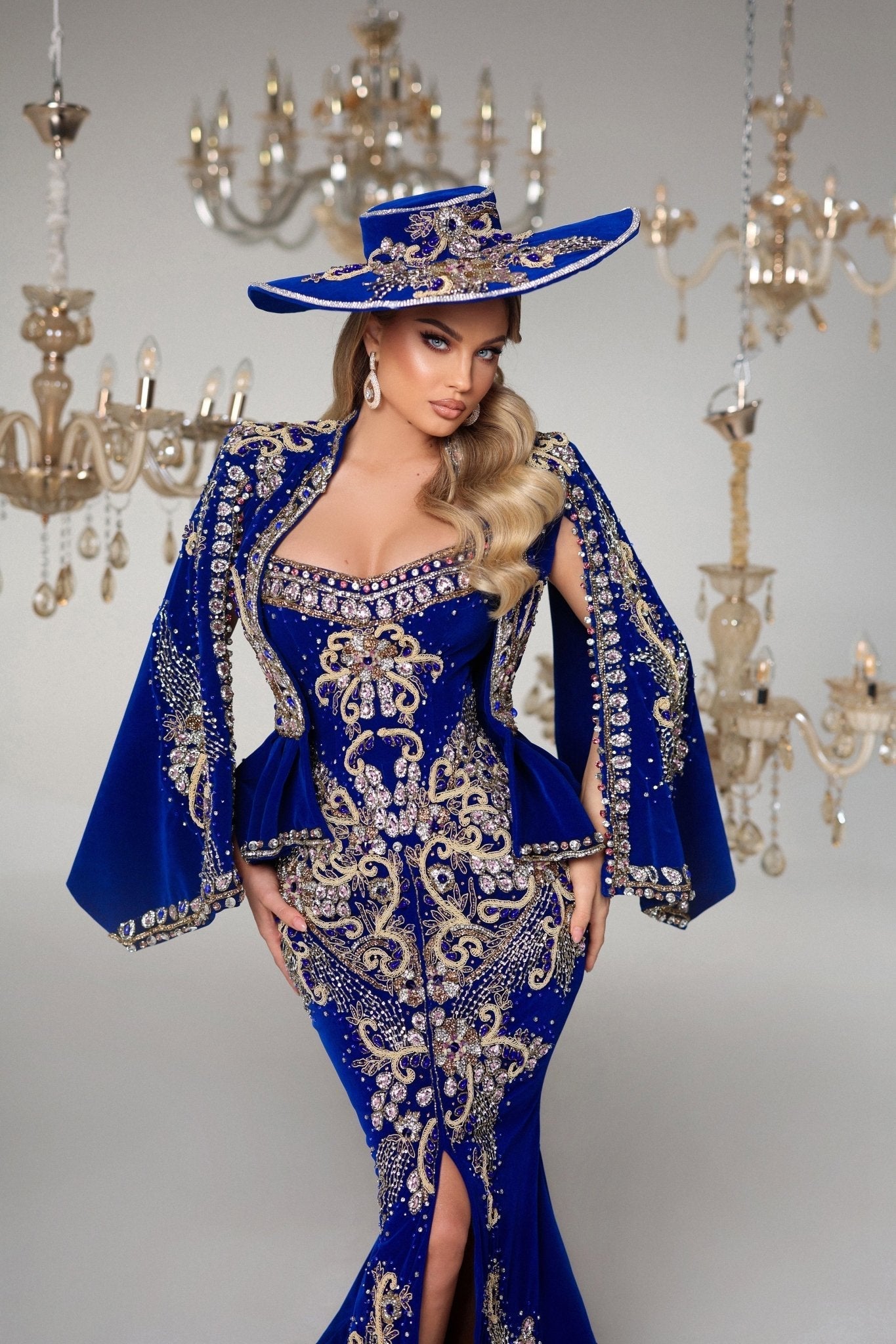 Majestic Sleeveless Blue Dress with Gold Details - BLINI