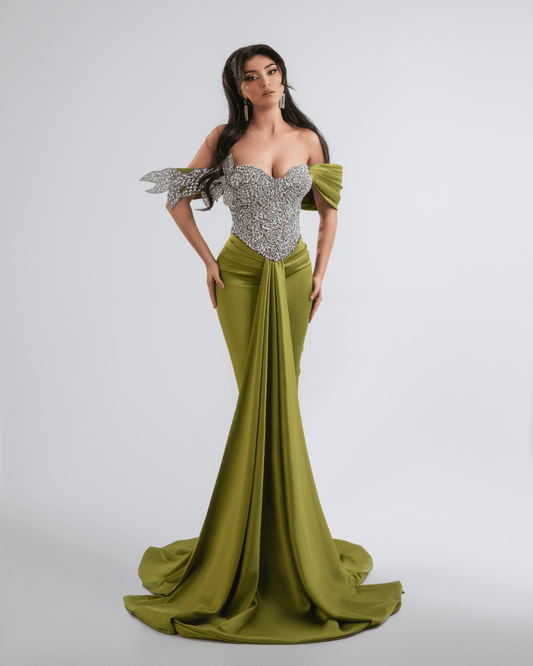 Malaia Green Long Dress with Crystals and Cape - BLINI