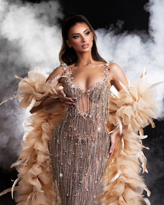 Marcela Beige Dress with Stones and Tassels - BLINI