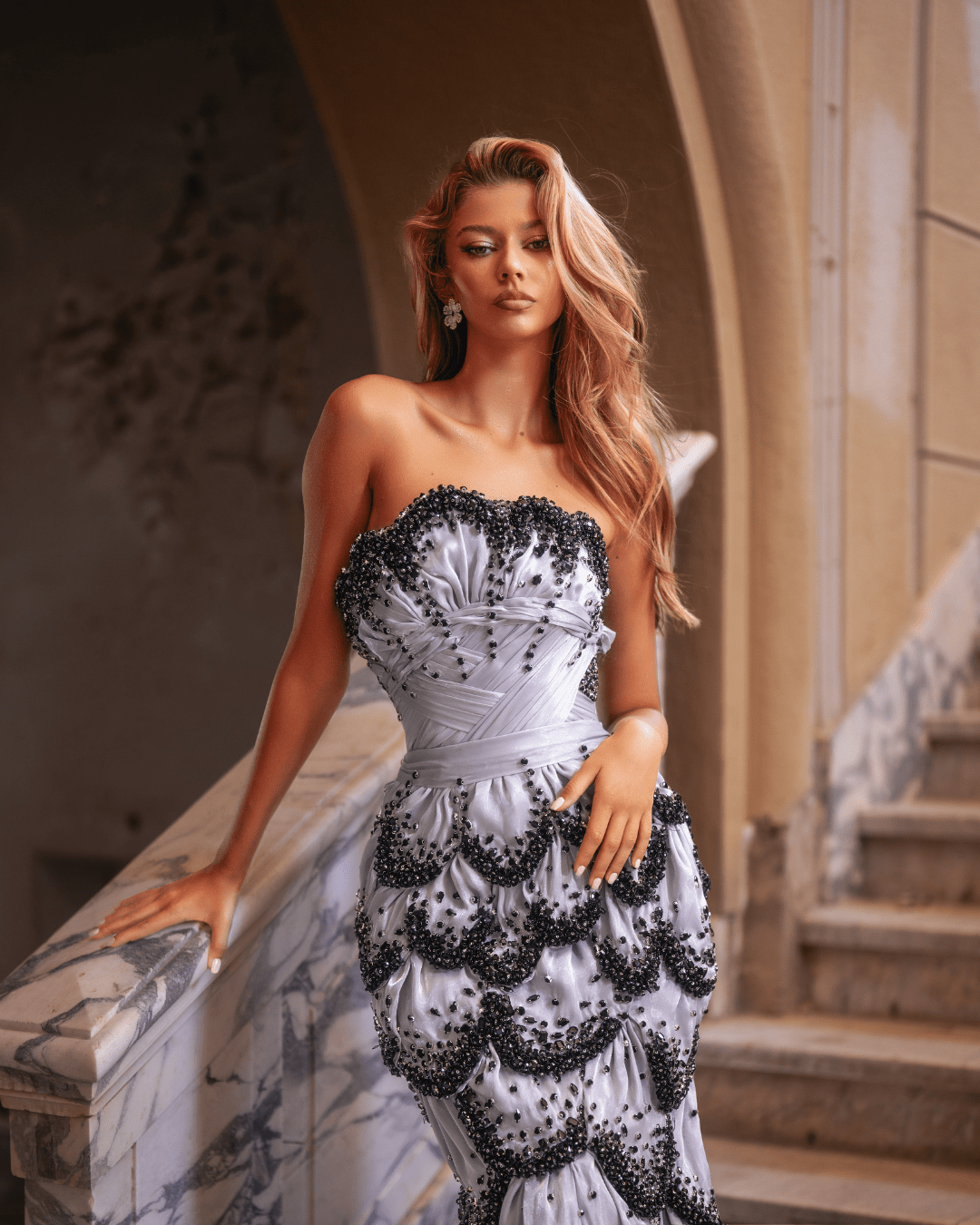 Marelia Metallic Gray Mermaid Dress with Petal Layers - BLINI