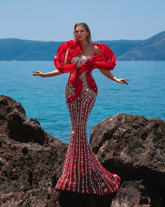 Marína Red Sleeveless Dress with Organdy Shoulder Details - BLINI