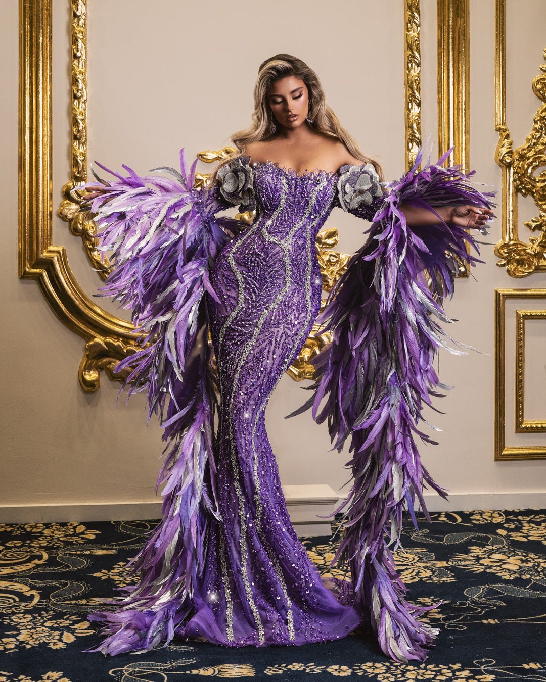 Maripossa Purple Dress with Crystals and Feathers - BLINI