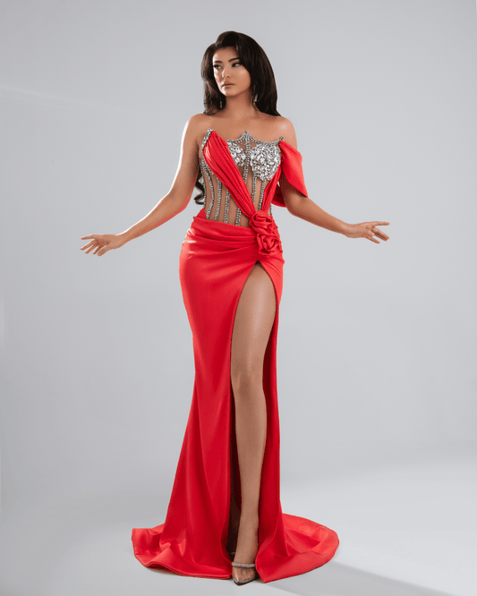 Marise Pink Long Dress with Crystals and Flowers - BLINI