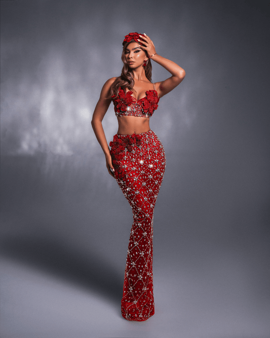 Mayla Two Piece Red Sleeveless Dress with Crystals and Flowers - BLINI