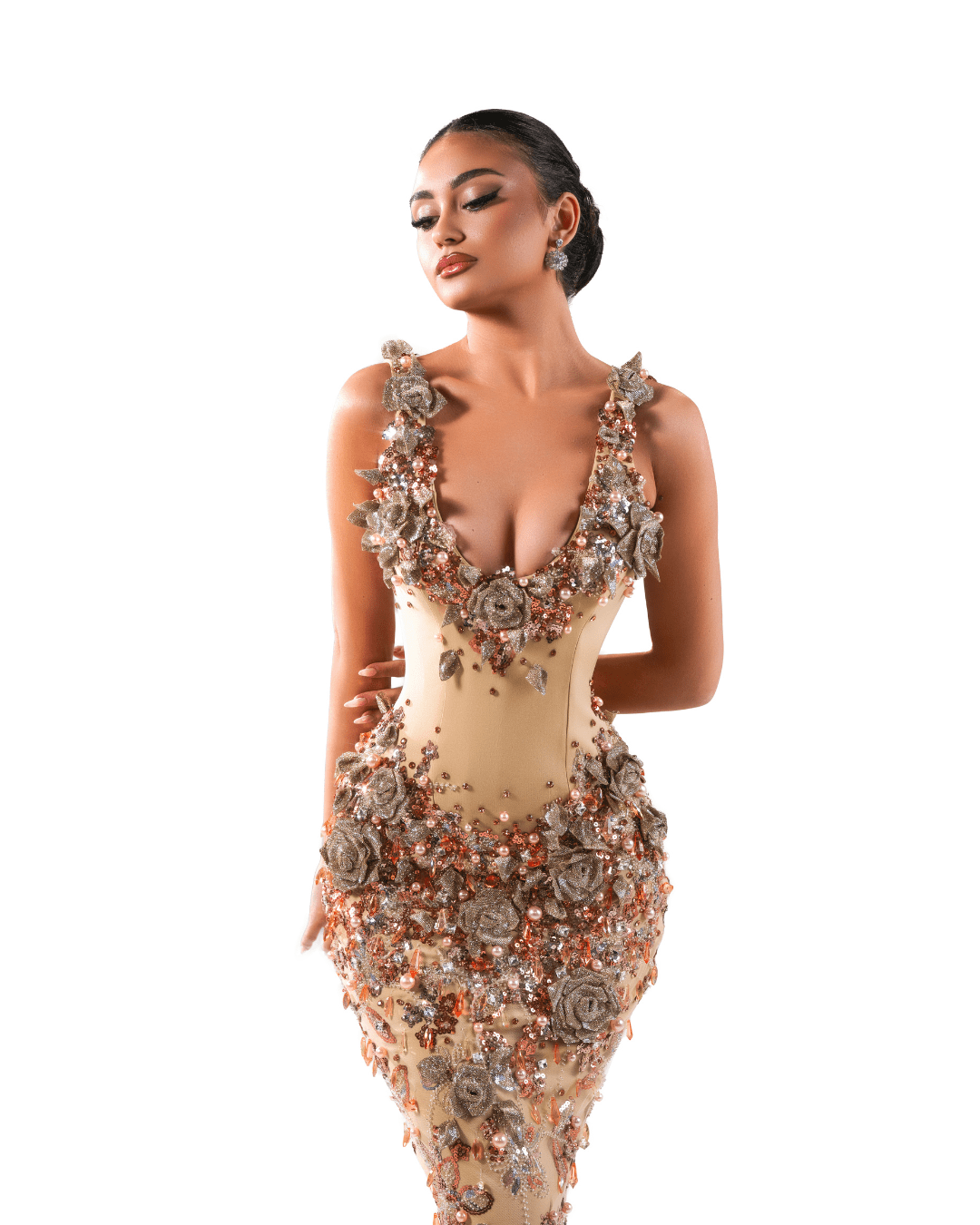 Megene Nude Long Sleeveless Dress with Crystals and Flowers - BLINI