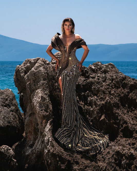 Melantha Gold Dress with Organdy Details - BLINI