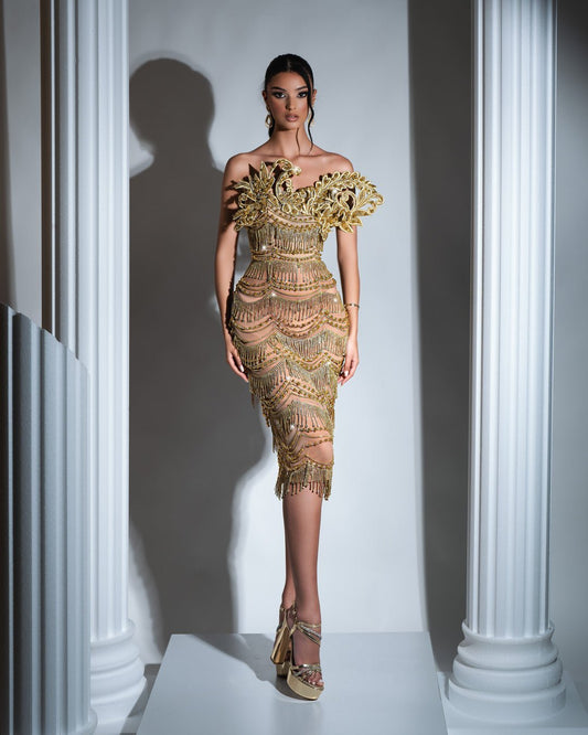Mélis Gold Dress with Tassels and Crystals - BLINI