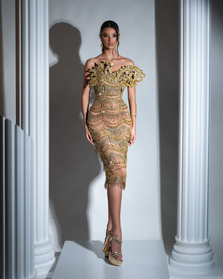 Gold dress with tassels and stones, sleeveless and strapless tea-length gown