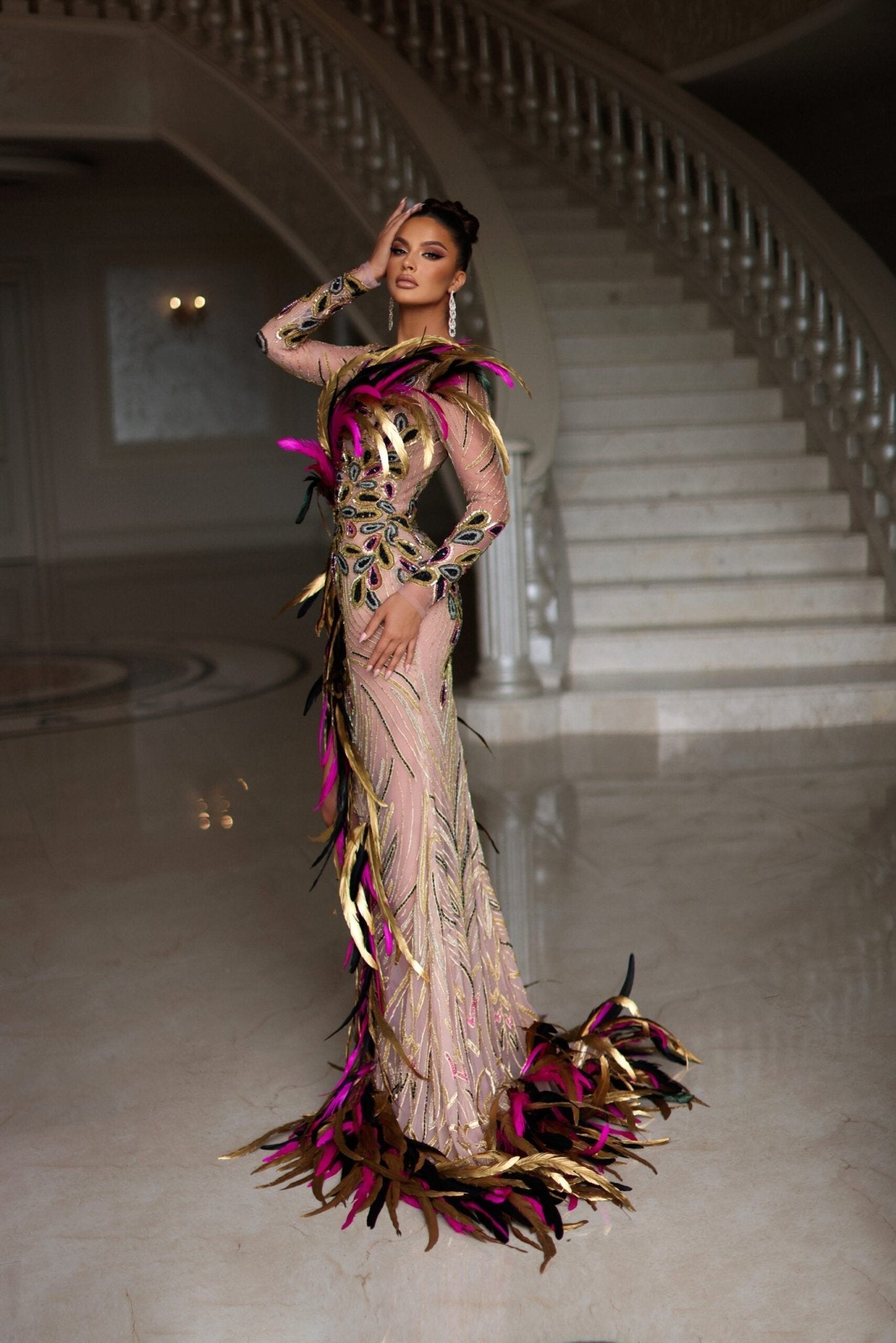 Mena Feather Dress with Deep Slit - BLINI