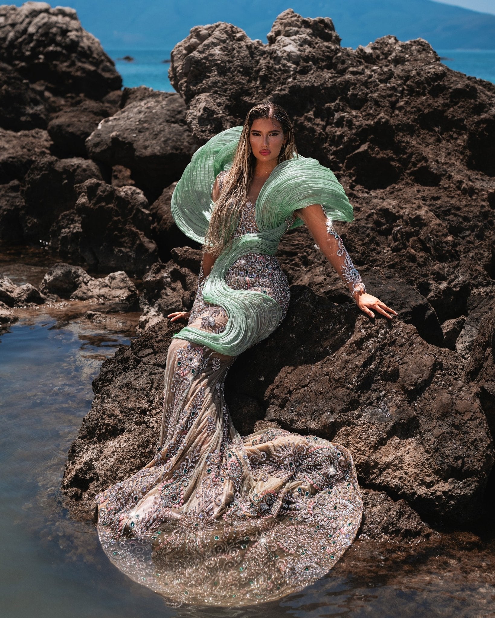 Menthea Silver Dress with Mint Organdy Shoulder Details - BLINI