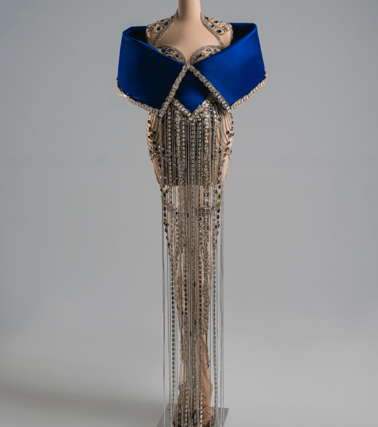Mirage Royal Blue Long Dress With Silver Stones - BLINI