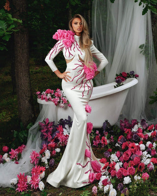Elegant Long White Dress with 3D Pink Flowers and Sparkles