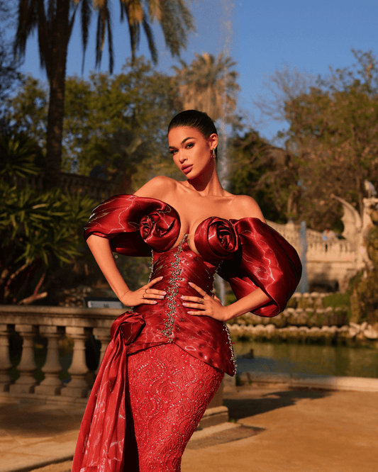 Moase Red Long Dress, with Cape and Crystals - BLINI