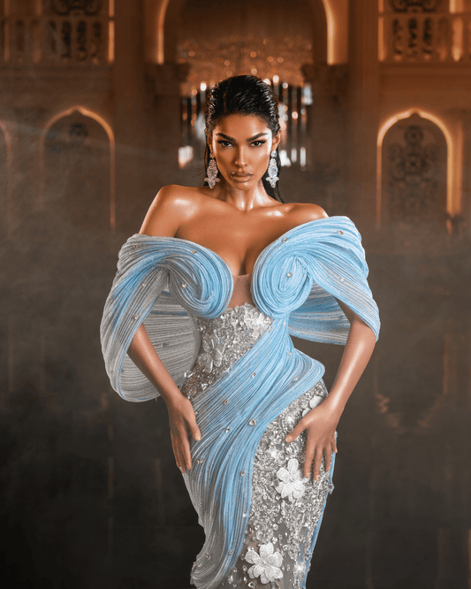 Moela Blue Sleeveless Dress with Flowers and Cape - BLINI