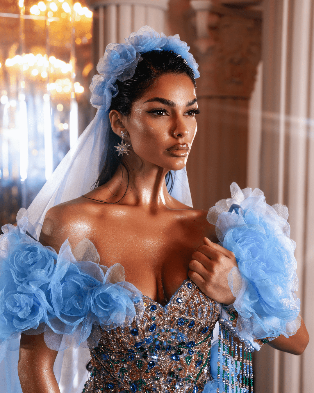 Morody Blue Sleeveless Dress with Flowers and Headpiece - BLINI