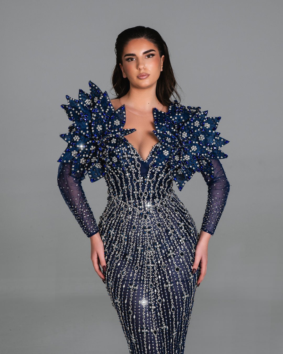 Nadia Blue Dress with Crystals And Floral Design - BLINI