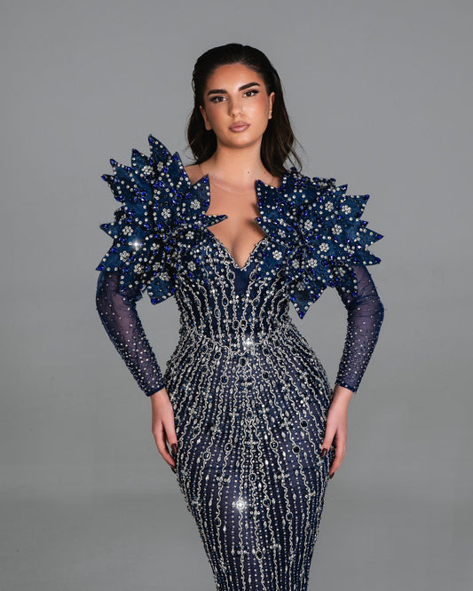 Nadia Blue Dress with Crystals And Floral Design - BLINI