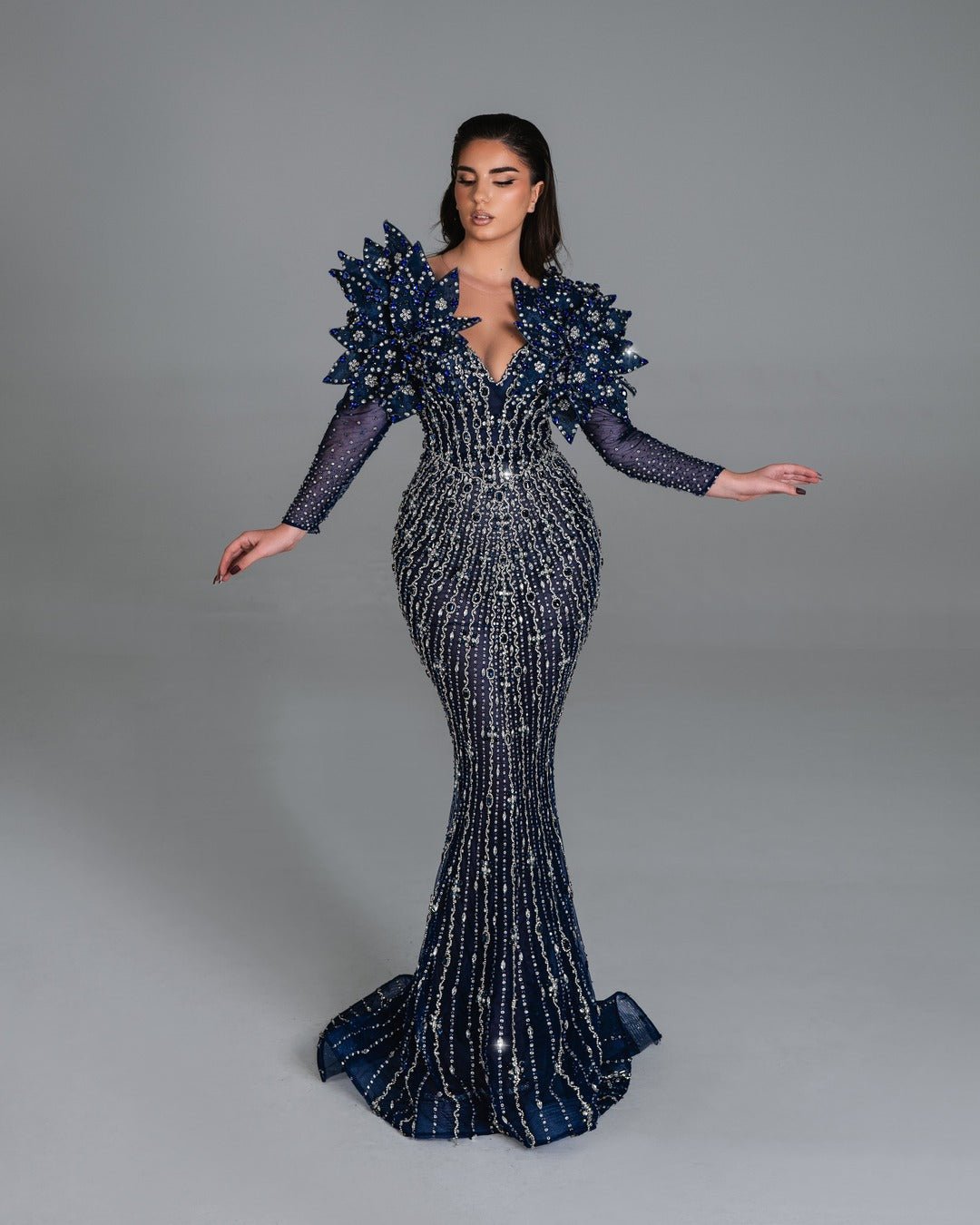 Nadia Blue Dress with Crystals And Floral Design - BLINI