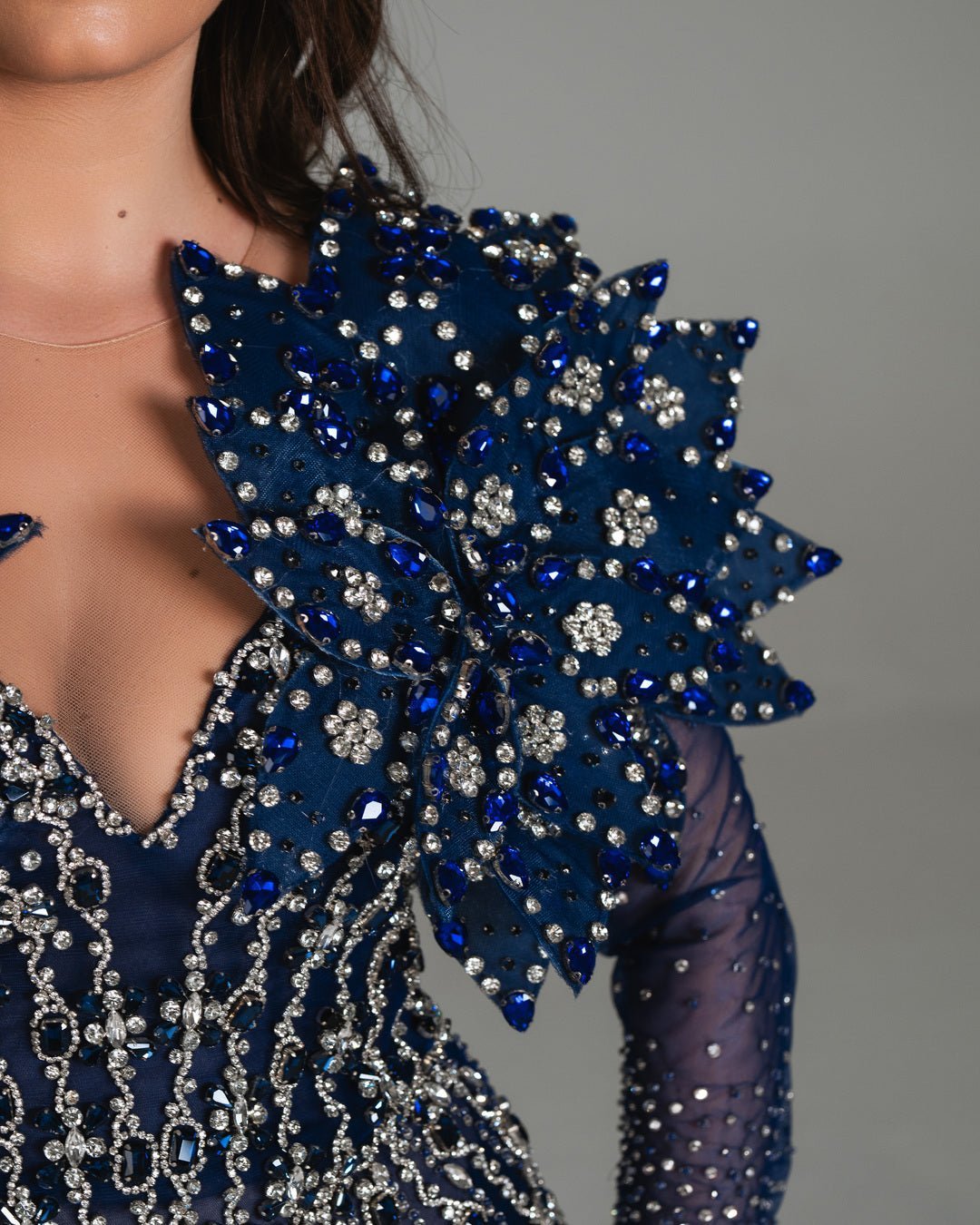 Nadia Blue Dress with Crystals And Floral Design - BLINI