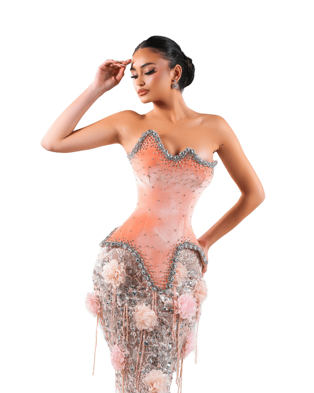 Naona Pink Long Sleeveless Dress with Crystals and Flowers - BLINI