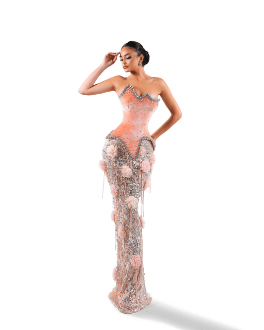 Naona Pink Long Sleeveless Dress with Crystals and Flowers - BLINI