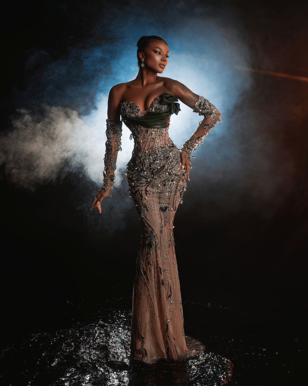 Naria Nude Dress with Crystals and Metallic Leather - BLINI