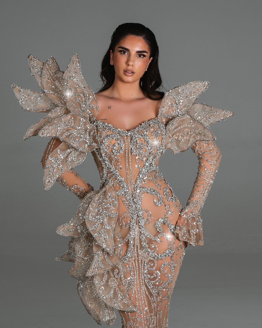 Nathalie Long Sleeve Dress with 3D Embellishments and Crystals - BLINI