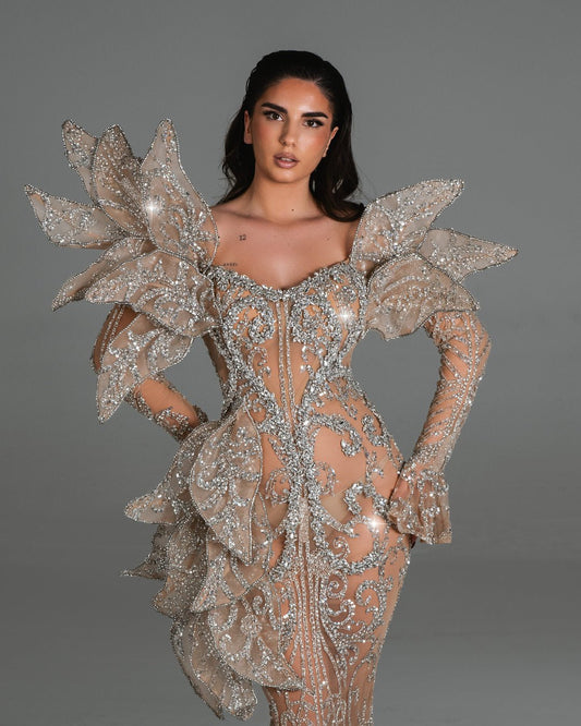 Nathalie Long Sleeve Dress with 3D Embellishments and Crystals - BLINI