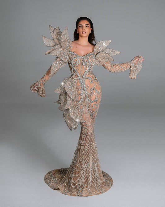 Nathalie Long Sleeve Dress with 3D Embellishments and Crystals - BLINI