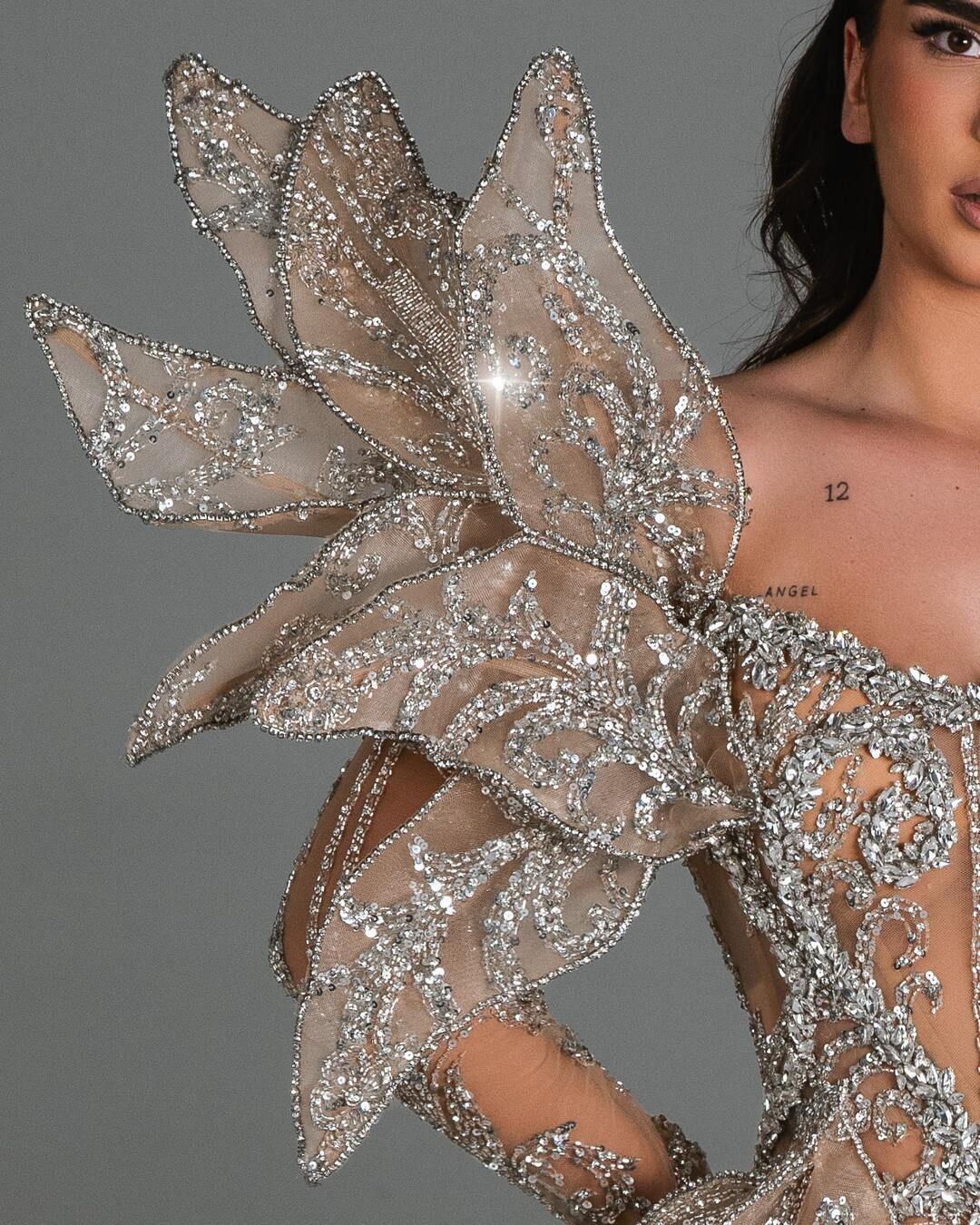 Nathalie Long Sleeve Dress with 3D Embellishments and Crystals - BLINI