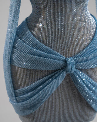 Charming baby blue short dress with long sleeves, crafted with delicate handmade details.