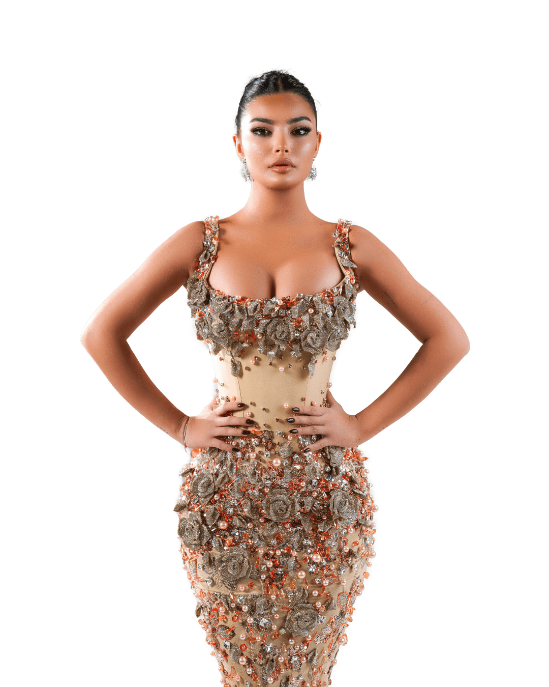 Neoene Nude Long Sleeveless Dress with Crystals and Flowers - BLINI