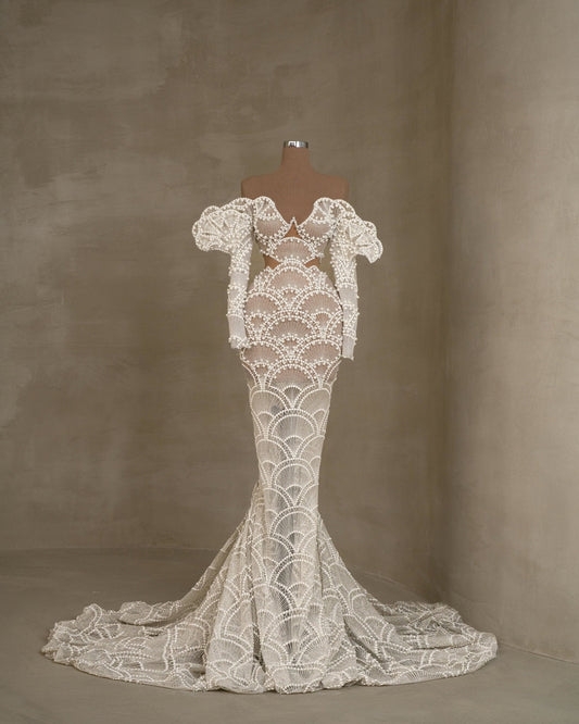 Nicolette Off - Shoulder Bridal Dress with Cut - In Waist - BLINI