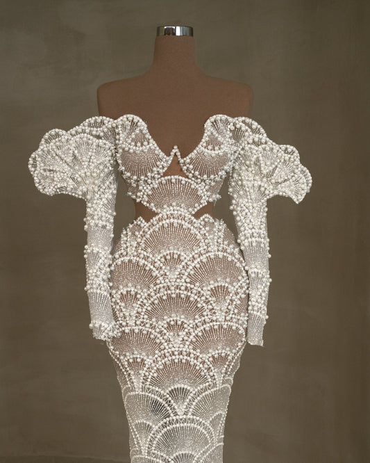 Nicolette Off - Shoulder Bridal Dress with Cut - In Waist - BLINI