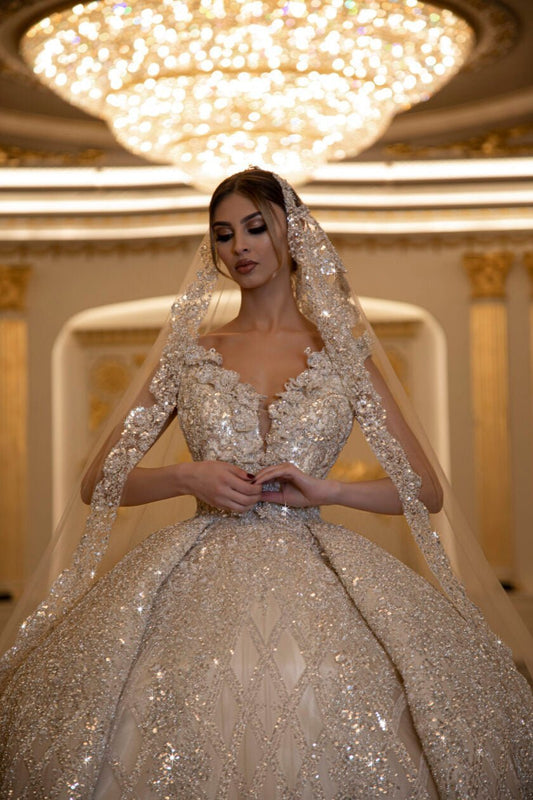 Nora Deep V - Neck White Bridal Gown - BLINI