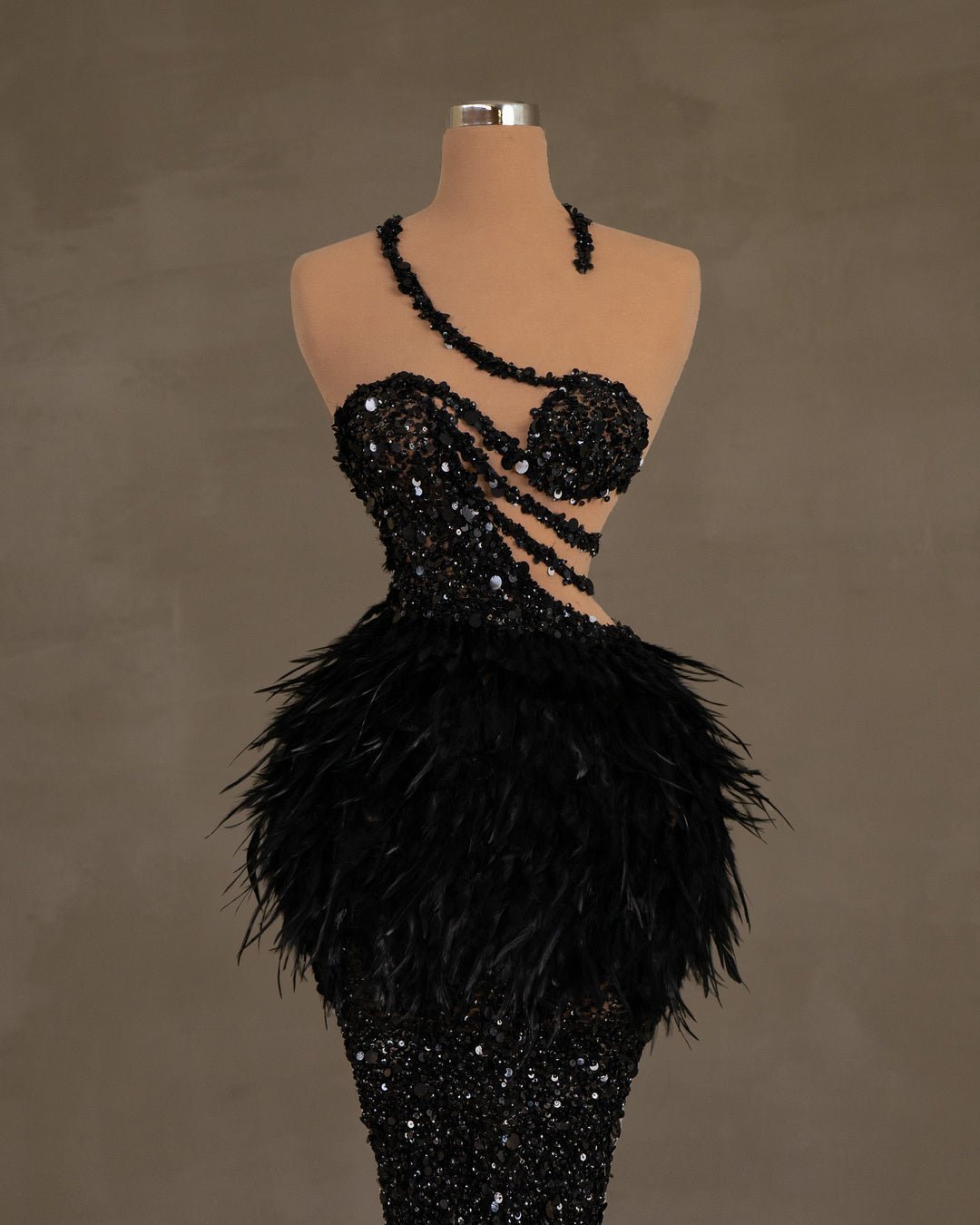 Nusse Black Dress with Sequins and Feathers - BLINI