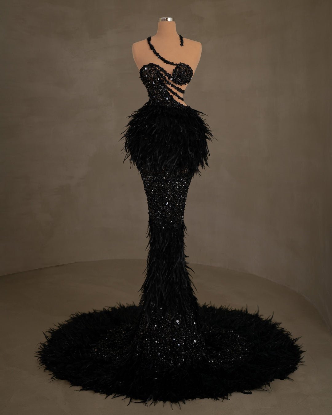 Nusse Black Dress with Sequins and Feathers - BLINI
