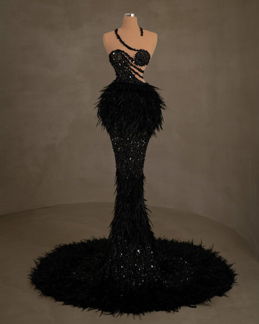 Nusse Black Dress with Sequins and Feathers - BLINI