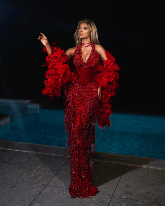 Odea Red Dress with Roses and Pearls - BLINI