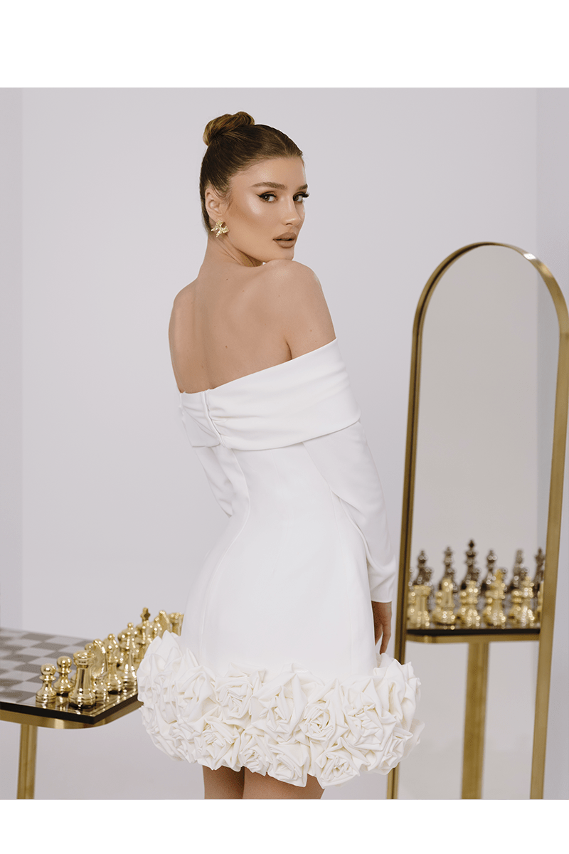 Odette White Romantic Mini Dress, Off Shoulder With Polyester Fabric - BLINI