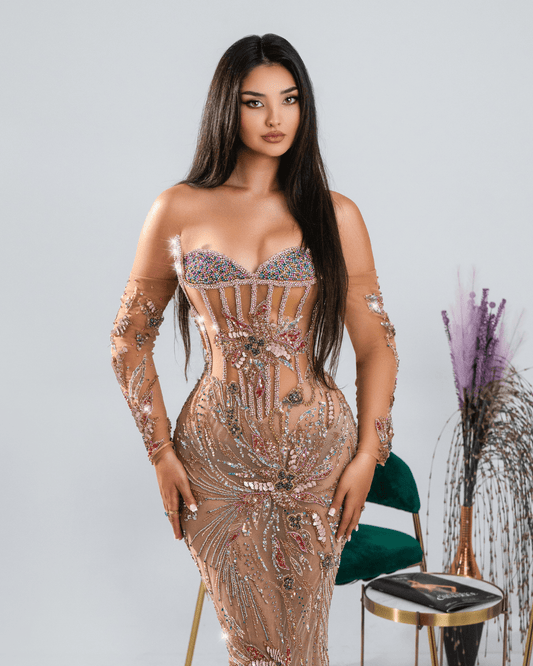 Olena Nude Long Dress with Crystals and Flowers - BLINI