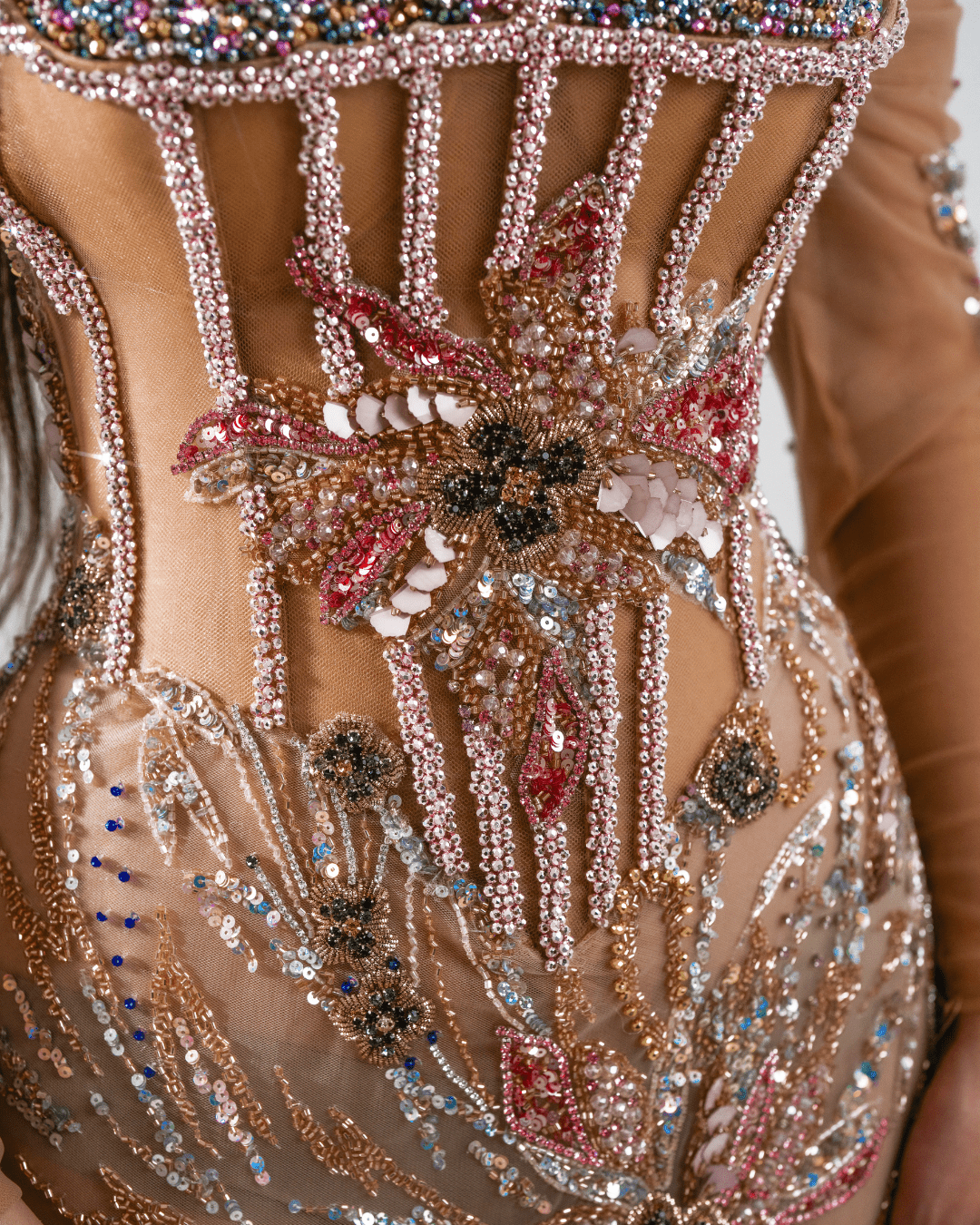 Olena Nude Long Dress with Crystals and Flowers - BLINI