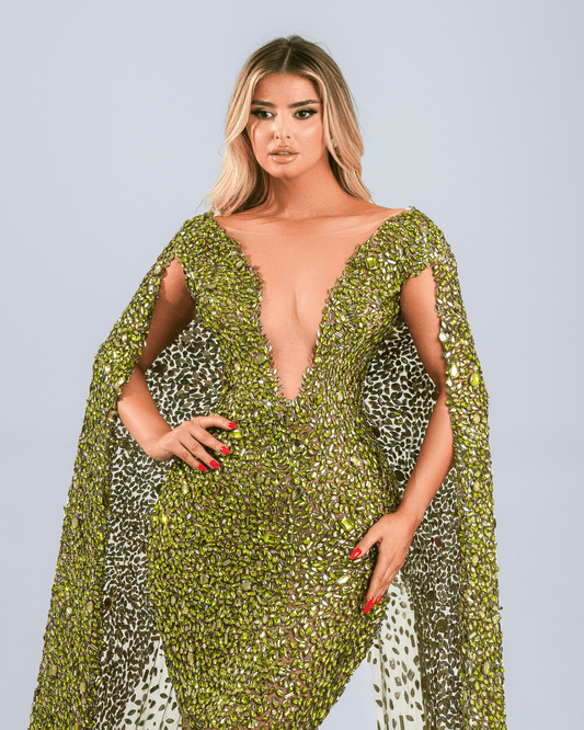 Olere Green Dress, with Crystal and Side Capes - BLINI