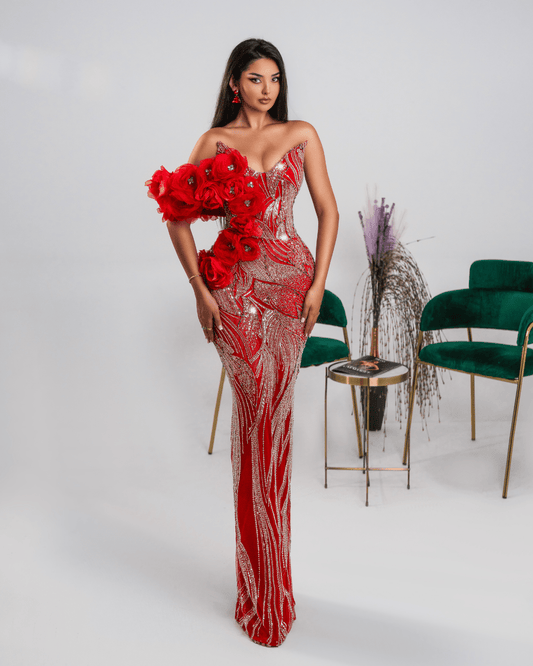 Olesia Red Long Dress with Crystals and Flowers - BLINI