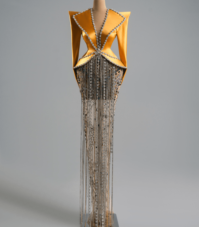 Olya Yellow Dress With Sequined And Satin Fabric - BLINI