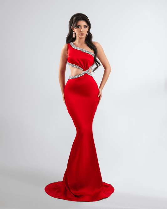 Ona Red Long Dress with Crystals and Cut - Outs - BLINI